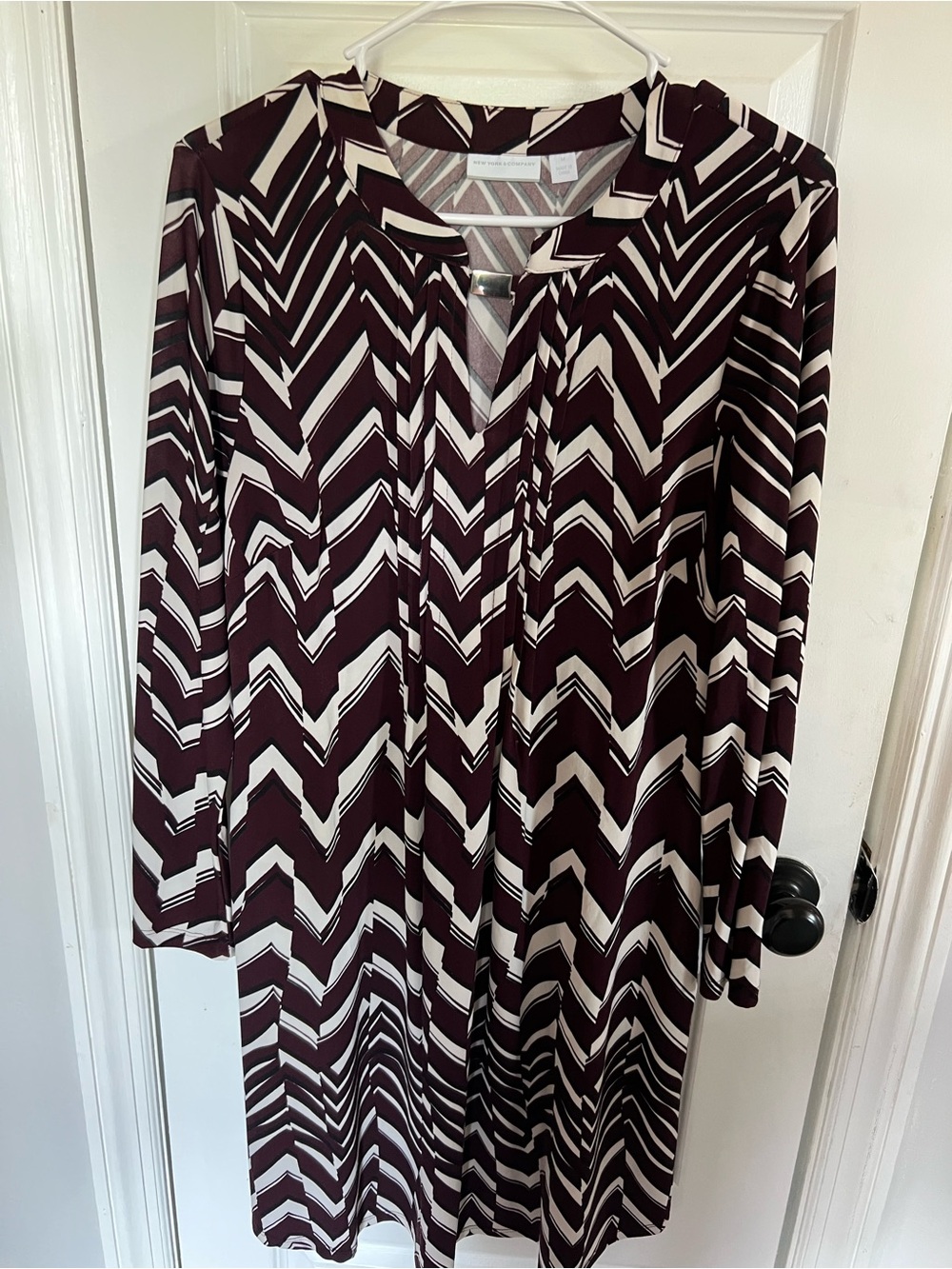 New York & Company Maroon and Cream Chevron Long Sleeve Dress